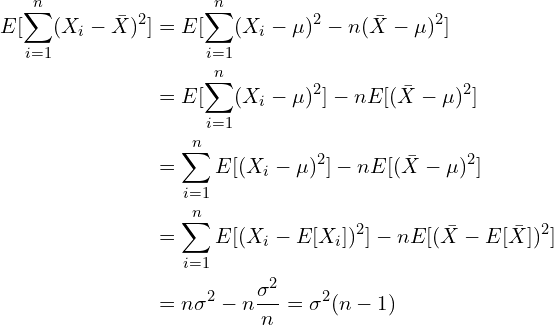 $$\begin{align}E[\sum^n_{i=1} (X_i-\bar{X})^2]&=E[\sum^n_{i=1} (X_i-\mu )^2 - n(\bar{X}-\mu )^2] \\&= E[\sum^n_{i=1} (X_i-\mu )^2]-nE[(\bar{X}-\mu )^2] \\&= \sum^n_{i=1} E[ (X_i-\mu )^2]-nE[(\bar{X}-\mu )^2] \\&= \sum^n_{i=1} E[ (X_i-E[X_i] )^2]-nE[(\bar{X}-E[\bar{X}] )^2] \\&=n \sigma^2-n\frac{\sigma^2}{n} = \sigma^2(n-1)$\end{align}$$