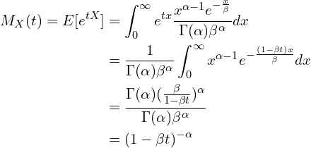 $$\begin{align}M_X(t)=E[e^{tX}]&= \int^{\infty}_0 e^{tx} \frac{x^{\alpha -1 } e^{-\frac{x}{\beta}}}{\Gamma(\alpha)\beta^{\alpha}} dx　\\&= \frac{1}{\Gamma(\alpha)\beta^{\alpha}}\int^{\infty}_0 x^{\alpha -1 } e^{-\frac{(1-\beta t)x}{\beta}} dx \\&= \frac{\Gamma(\alpha)(\frac{\beta}{1-\beta t})^{\alpha}}{\Gamma(\alpha)\beta^{\alpha}} \\&=(1-\beta t)^{-\alpha}\end{align}$$